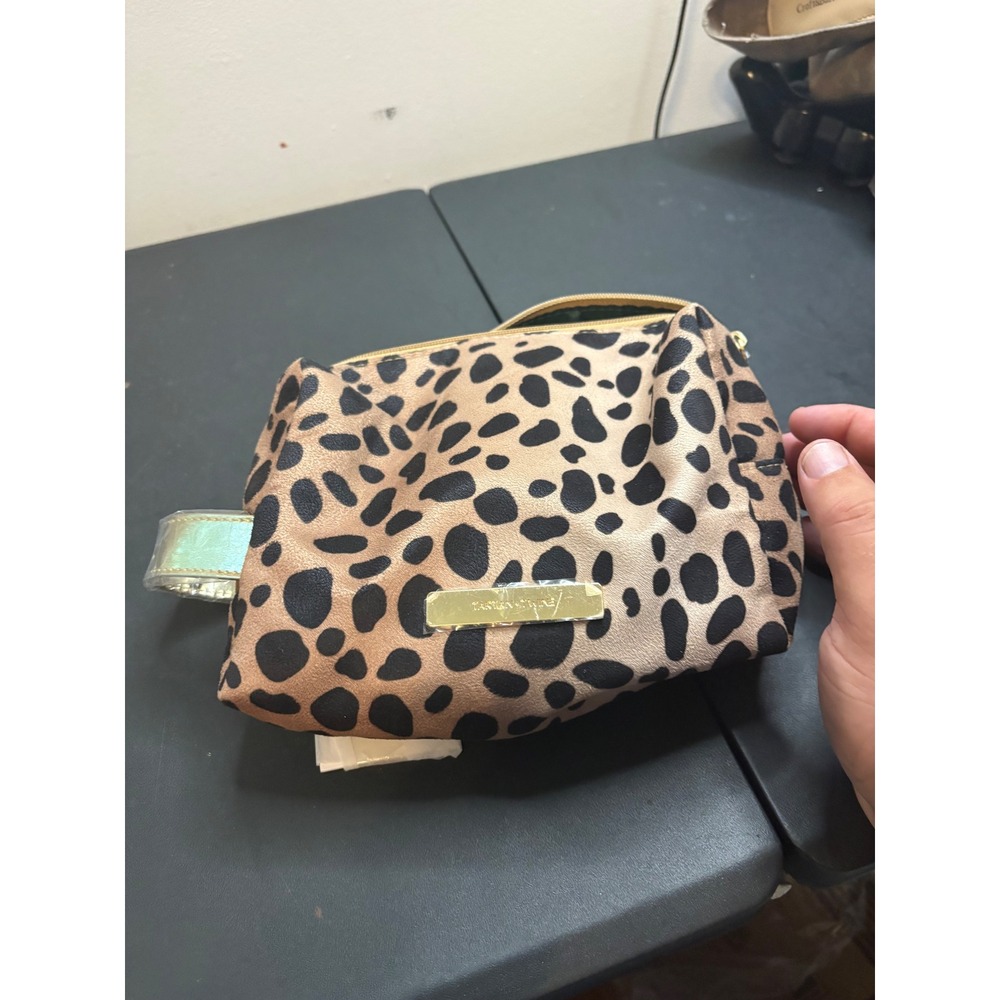Tartan + Twine Leopard Print Makeup Bag Gold Metallic Handle Cosmetic Pouch